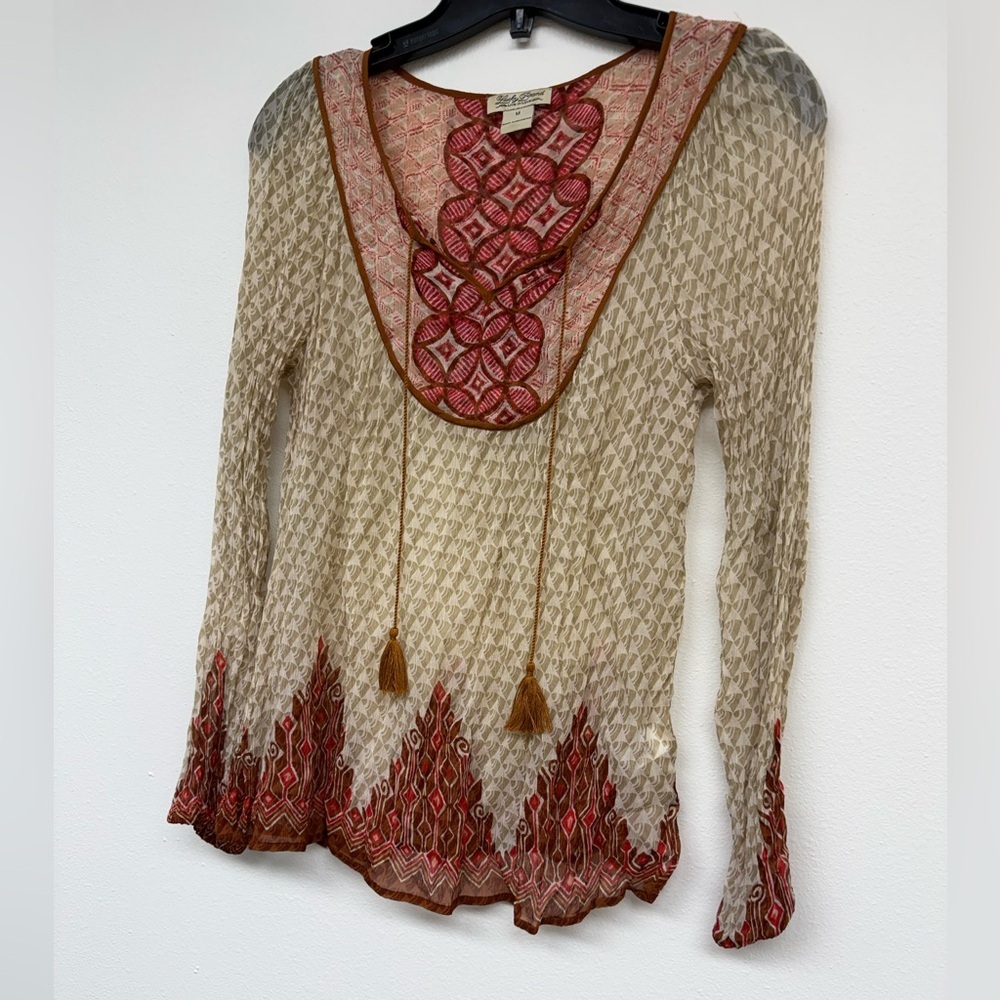 Lucky Brand Boho Cream Tunic with Red Embroidered Yoke and Tassels - Picture 4 of 5